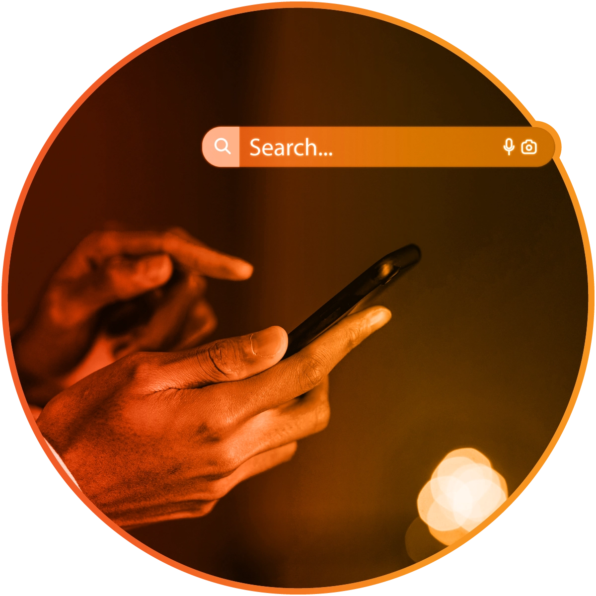 Glowing orange semantic keyword cluster network